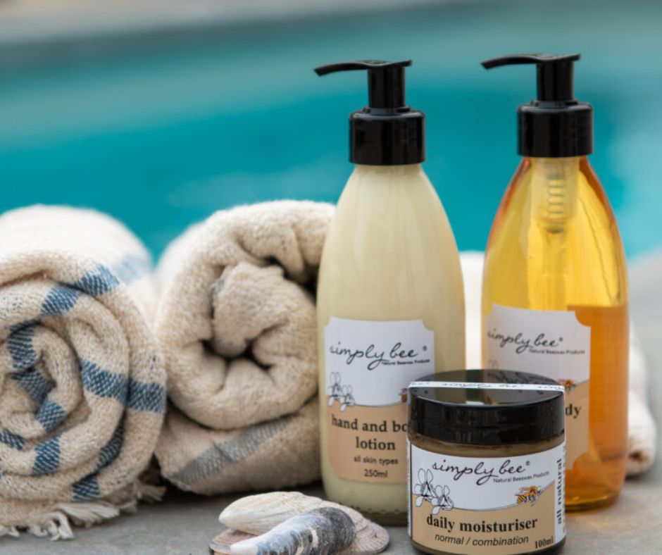 Simply Bee products next to Gonana Guesthouse's pool in Paternoster